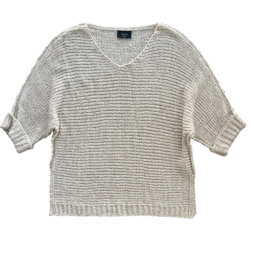 Vici Women’s Sz S/M Cream Shiny Sheer 3/4 Sleeves Oversized Knit Sweater LV2208V